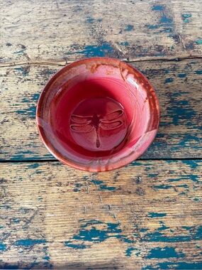 Handmade Red Pottery Bowl with Dragonfly Motif